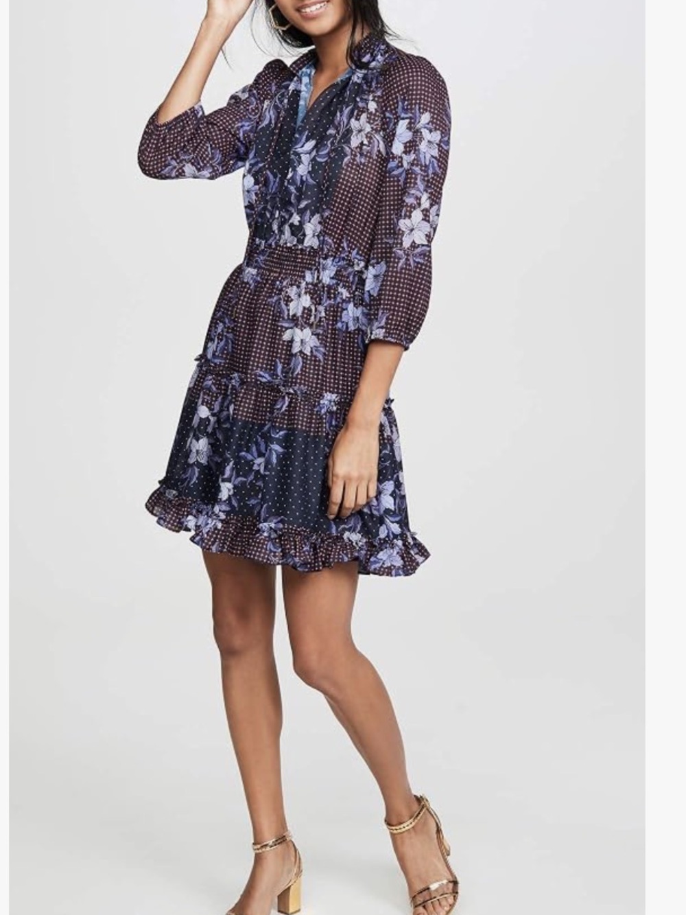SHOSHANNA Shoshanna Arlene Canyon Navy Floral Dotted Dress Tiered Size 6 Lined